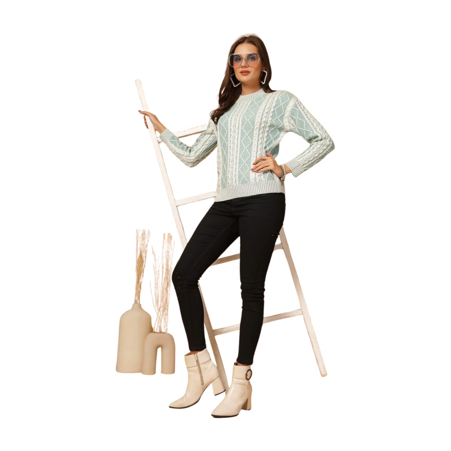 Women Cable Knit Pullover Sweater Green_T5W 25214-image-41