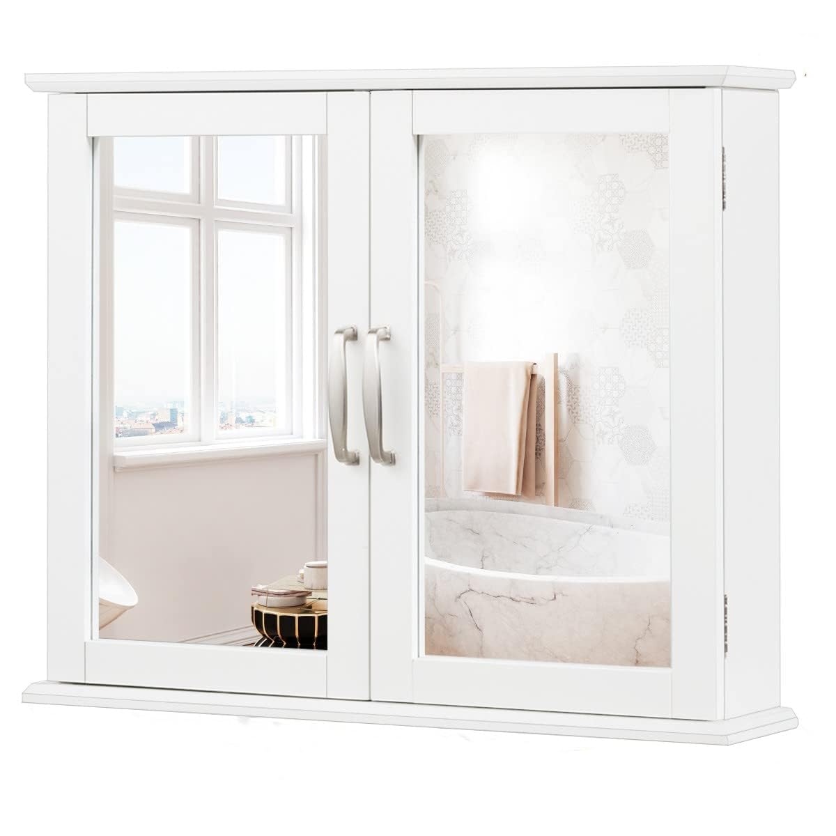 LIFEZEAL Armario con Espejo, Armario de Baño, Organizador con 2 Estantes Regulables en Altura, Armario de Pared con Puerta y Tirador, Muebles de Baño de Pared, 60x14x50cm, Blanco