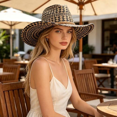 Image of Men's Cowboy Hats Summer Women Beach Cowgirl Hat Raffia Unisex Western Sun Hat