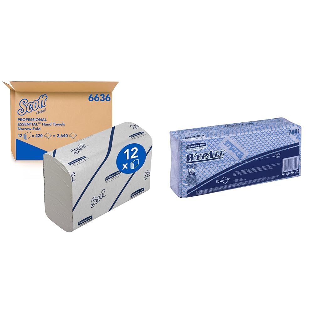 ScottEssential Hand Towels 6636 - Narrow-Fold Paper Hand Towels - 12 Clips x 220 White Paper Towels & WypAll X50 Colour Coded Cleaning Cloths 7441 - Blue Wiping Cloths - 6 Packs x 50 Interfolded