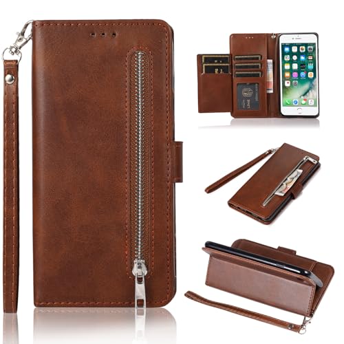 EYZUTAK Wallet Case for iPhone 6 iPhone 6S, 5 Card Slots Magnetic Closure Zipper Pocket Handbag PU Leather Flip Case with Wrist Strap TPU Kickstand Cover for iPhone 6/6S - Brown