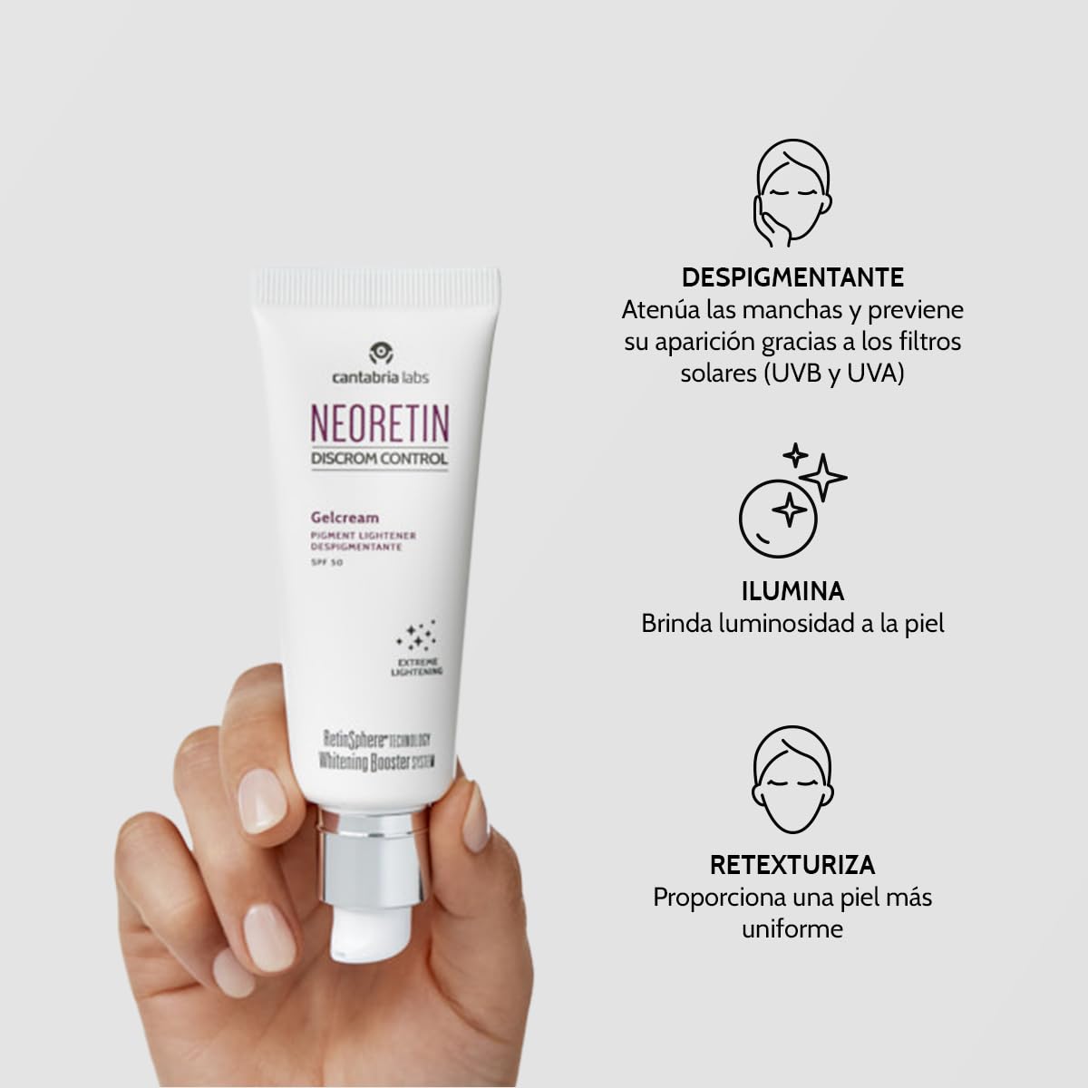 Cantabria Labs – Neoretin Discrom Control Gelcream SPF50 40 ml – Crema de Día Despigmentante con Protección Solar Alta UVB y UVA – Piel más luminosa y uniforme