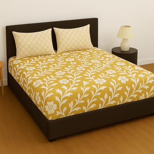 Image of Elastic Fitted Bedsheets with 2 King Size Pillow Covers | Double Bed with All Around Elastic, Size 72 x 78 x 8 Inches (Yellow White Floral)
