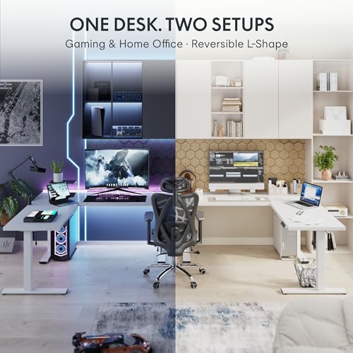 Image of FLEXISPOT L Shaped Standing Desk, 71 x 63 Inch Electric Height Adjustable Corner Desk, Sit Stand Computer Workstation, Preset Controller, Home Office, White Frame with White Top