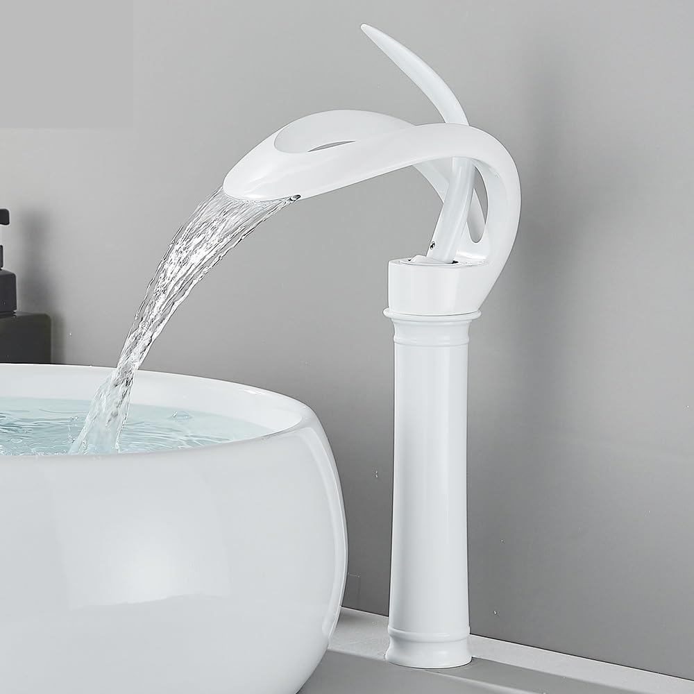 Grifo de Lavabo de baño Blanco, caño de Cascada de un Solo Mango, Grifo Mezclador de Agua fría y Caliente, grúa de Fregadero de Estilo Moderno Dorado Cepillado (Color : Brushed Gold)