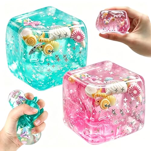 2 Pcs Nice Ice Cube Anti-Stress Fidget Squishy, Cube Sensoriel Translucide avec Coquillages & Étoiles Flottants, Cube Anti-Stress océan, Jouet Anti Stress...