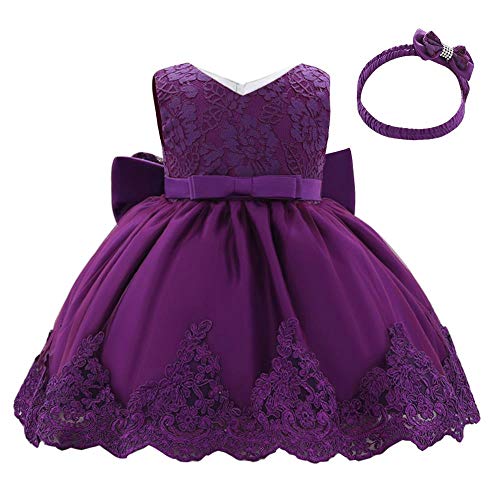 Lito Angels Vestidos Elegante Bebe Niña en Flor de Encaje Bordado y Tul Morado Oscuro, con Diadema de Lazo, para Boda Fiesta Ceremonia, Talla 12-18 Meses 426 (Número de Etiqueta 80)