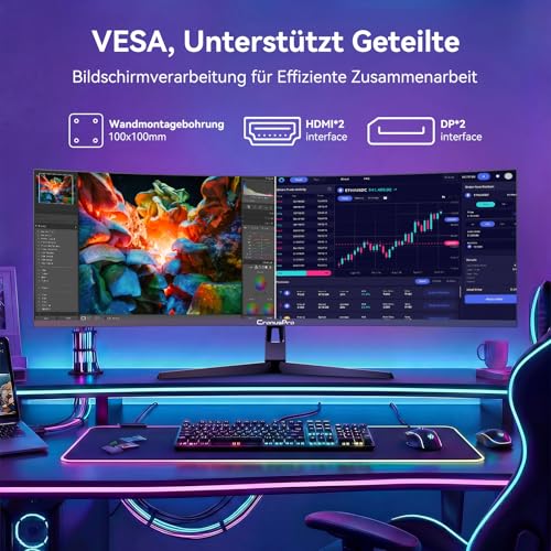 CronusPro 49 Zoll Ultrawide Curved Gaming Monitor, 165Hz, DQHD (5120 x 1440) Höhenverstellbar, 1ms MPRT, AMD FreeSync, 32:9, 4000:1, HDR400, 127% sRGB, 1500R, HDMI*2/DP*2, VESA, PC Bildschirm Schwarz 6