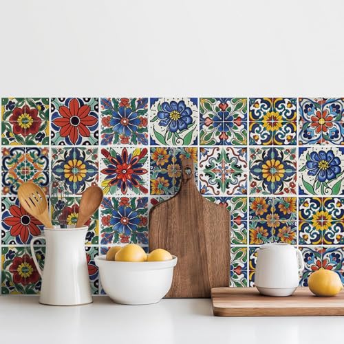 30 Piezas Azulejos Adhesivos para Cocina y Baño,Baldosas Adhesivas Cocina Impermeables,Vinilo Cocina Azulejos Peel and Stick,Pegatinas para Azulejos Pared PVC Decorativos,Estilo Mediterráneo10×10 cm