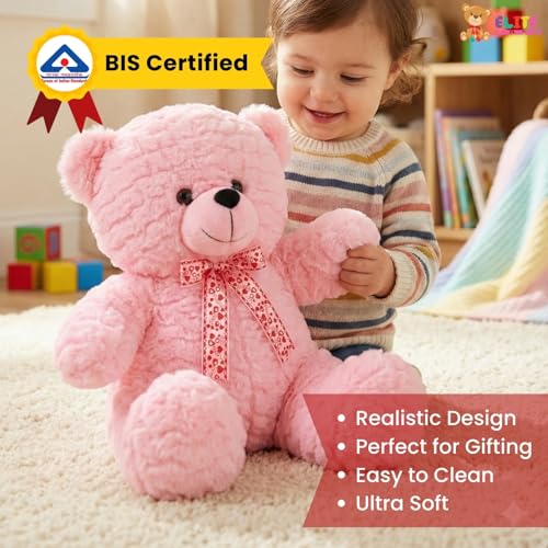 Image of Pink Teddy Bear, 25 cm Soft Plush Stuffed Animal with Decorative Bow, Cuddly Toy for Babies and Kids Pink Colour