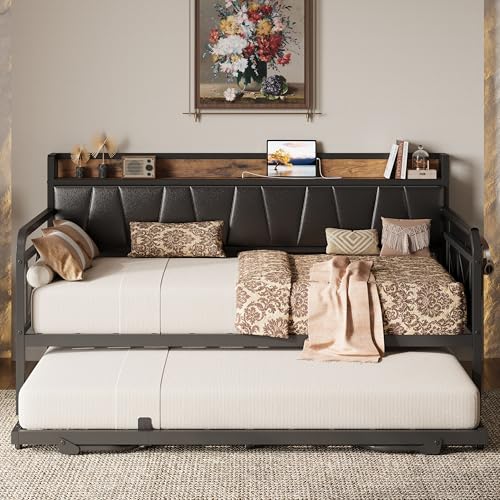Image of LIKIMIO Twin XL Daybed, Day Bed with Trundle, Storage Upholstered Headboard and Charging Station, Trundle Bed with Strong Supports for Living Room, Bedroom, and Guest Room, Black