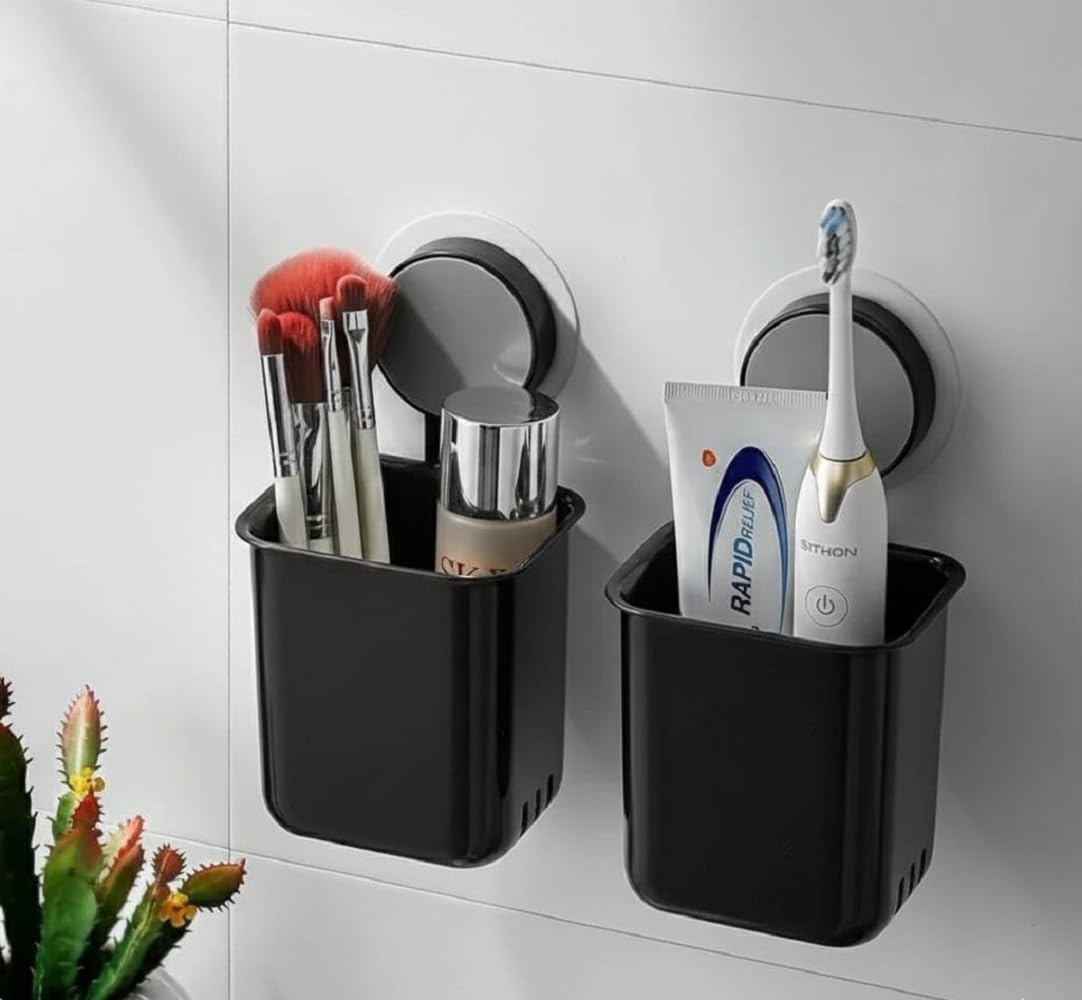 qonetic tooth brush holder for bathroom pack of 2 wall mounted, self adhesive toothbrush & toothpaste holder, bathroom shelf organizer, toothbrush stand, brush and comb holder for wash basin