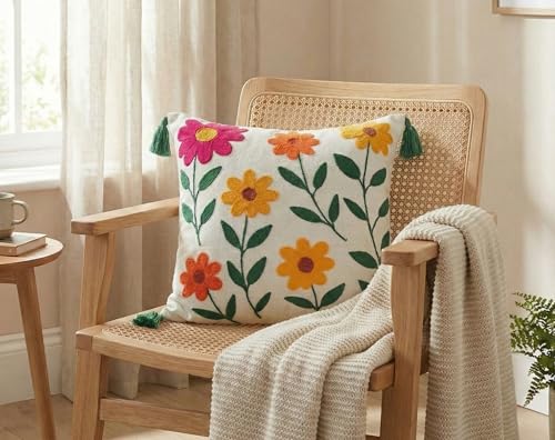 Image of Furnistitchs Handmade Cotton Bohemian Home Decor Cushion Cover 24x24 inches / 60x60 cms - Boho Chic Couch Sofa Throw Living Room Bedroom Cushions (1, Balloon Floral)