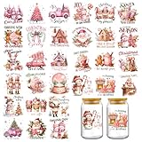 Christmas UV DTF Stickers - 30 Sheets Vintage Pink Santa Gingerbread Man UV DTF Cup Wraps for 16 oz Tumbler, Cute Elk Snowman Nutcracker Bow Cold Transfer Sticker for Water Bottle Decor Gift for Women