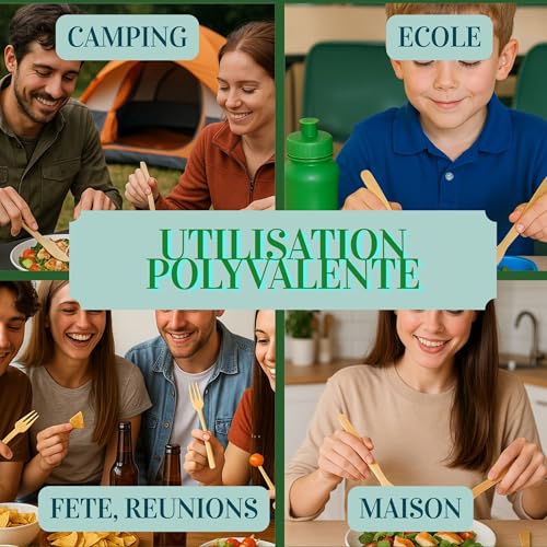 Vaisselle XL Compostable Jetable Premium 50 personnes. Bambou Durable Ecologique (Assiette 25cm, Couverts 17cm, Serviette 26cmX26cm) Picnic, Barbecue, Fête. – vue 5