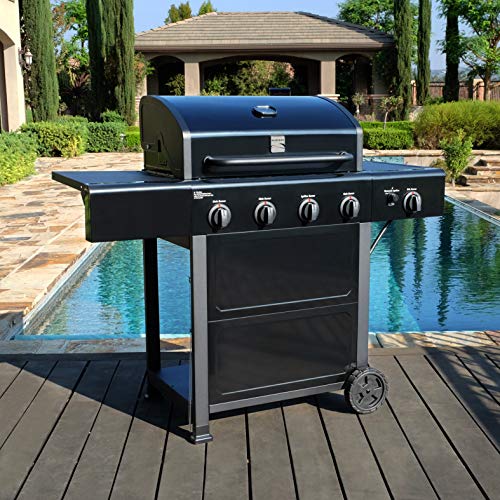 Kenmore 4-Burner Gas Grill With Side Burner, Outdoor Bbq Grill, Propane Gas Grill, Cast Iron Cooking Grates, Electronic Ignition, Warming Rack, Open Cart Design, 53000 Btus, Black #TOP1