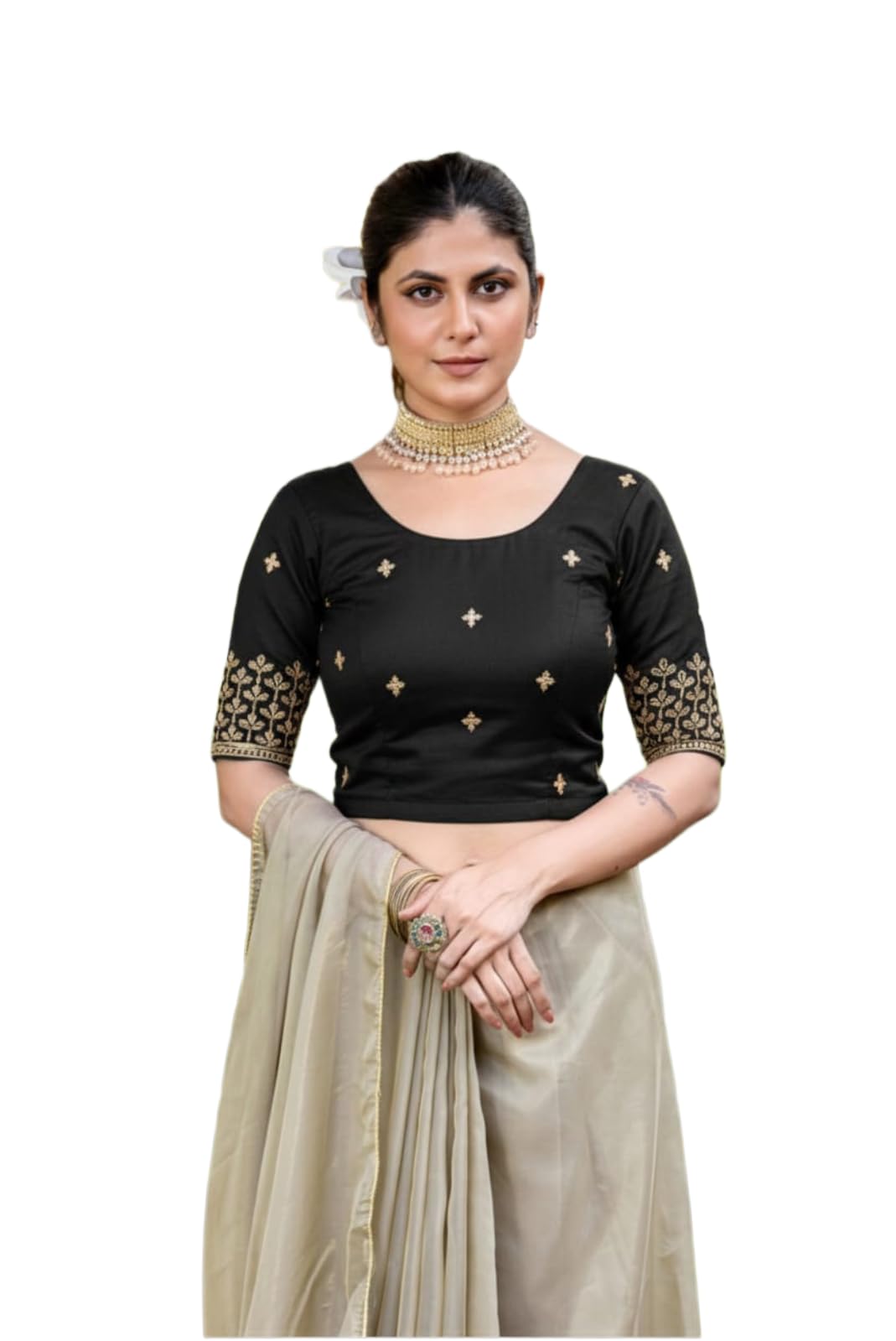 Women's Embroidered Saree Blouse, Round Neck, Elbow Sleeves, Floral Gold Work, Ethnic Wear-picture-51