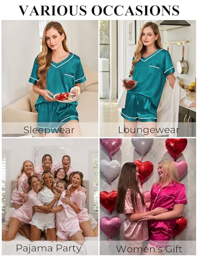 Image of Silk Pajamas for Women Short Sleeve Satin 2 Piece Pj Set Soft V Neck Sleepwear Loungewear, S-XXL