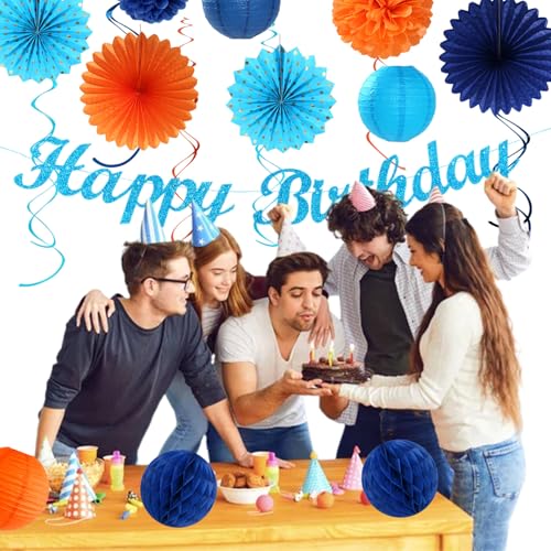 Image of Orange Blue Men Birthday Decorations - 21pcs Happy Banner Garland,Bluey Paper Streamers Lanterns,Flower Tissue Pom Poms Fan Supplies,Hanging Wall Backdrop Party Decor Huglony