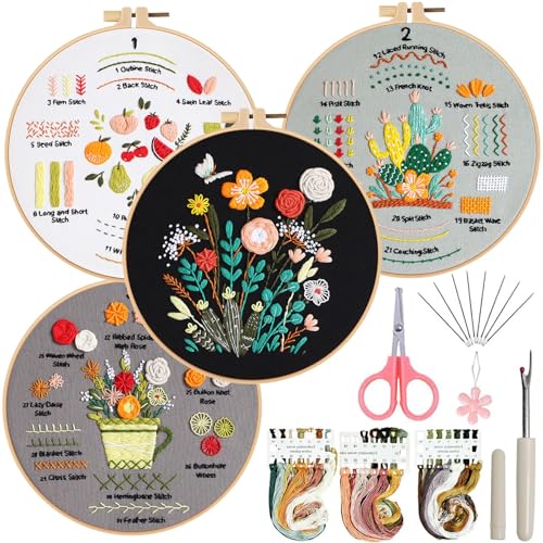 Image of Ohcol Embroidery Kit for Beginners, 4 Floral Patterns, Learn 33 Stitches, Pre-Printed Fabric, Hoop, Colored Threads and Needles, Easy Video Guide, DIY Hand Sewing Gift for Adults and Teens