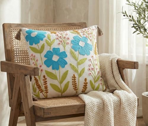 Image of Furnistitchs Handmade Cotton Bohemian Home Decor Cushion Cover 24x24 inches / 60x60 cms - Boho Chic Couch Sofa Throw Living Room Bedroom Cushions (1, Blue Bellflowers)