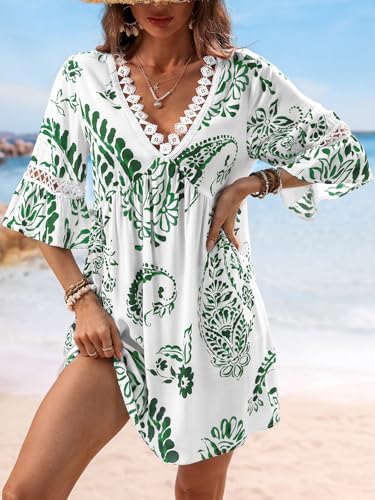 Image of CUPSHE Women V Neck Lace Trim Mini Summer Dress Cover Up 3 /4 Sleeve Ruffled Cuff Casual Sundress Beach Dresses Cover Ups