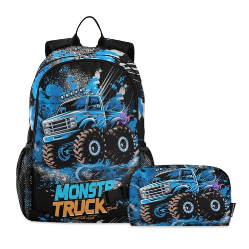 SPRIPORT Monster Truck Blue Kids Backpack Set for Boys Girls Lightweight Toddler School Bookbag with Insulated Lunch Box Casual Daypack for Preschool Kindergarten College Work Travel