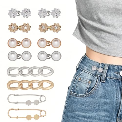 ROPAKED 12 Set Pant Waist Tightener Jean Waist Cincher Clip Reusable Waistband Tightener for Clothing Dresses Skirts Buttons Pins for Loose Jeans No Sewing