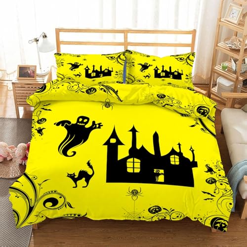Halloween Funda Edredon 220x240cm, Fantasma Negro y Gato Juego de Cama，Conjunto de 3 Piezas de Microfibra Suave y Transpirable, 2 Fundas de Almohada de 50x75cm AK173