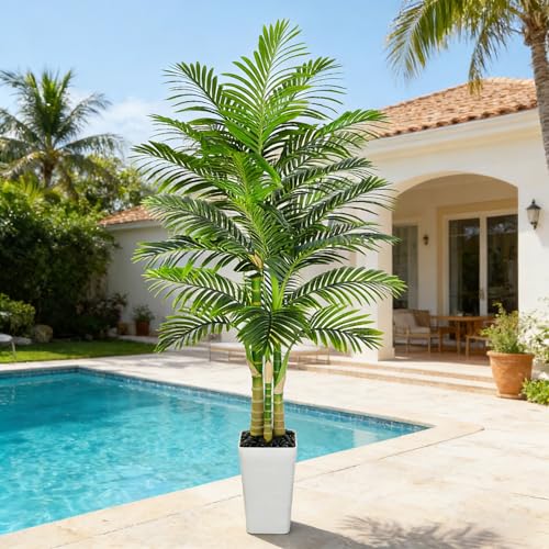TXABL Artificial Golden Cane Palm Tree 7FT, Fake Palm Tree with Three Realistic Trunks and Lifelike...