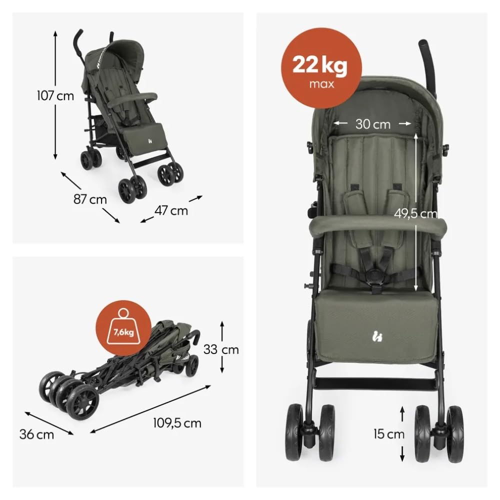 hauck Fold N Care Parasol dla dzieci od 6 miesięcy do 22 kg, mały, składany, 7,6 kg, z pozycją leżącą i ochroną UV 50+, kosz XL, kółka z tworzywa sztucznego EVA, obrotowe koła przednie, oliwkowy