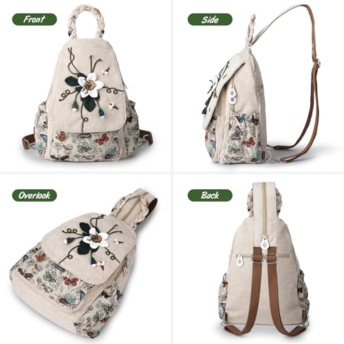 Image of Ladys Convertible Sling Bag, Hand Craft Artisan Purse, Girls Beautiful Canvas Premium Casual Day Mini Backpack for Women (Flower Bee)