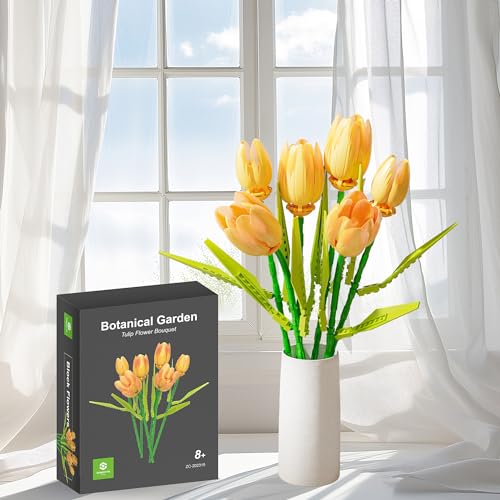 Image of ZONECYTD Flower Bouquet Building Toy Set Tulips Artificial Flowers, Plant Botanical Building Blocks for Adults Home Office Decor Compatible with Lego Orange Color