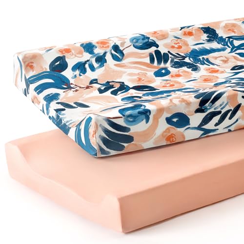 Image of GRSSDER Stretch Ultra Soft Jersey Knit Changing Pad Cover Set 2 Pack, Change Table Pad Covers Fit 32 inch /34 inch x 16 inch Pads Safe and Snug, Beautiful Blush Floral Print for Girls