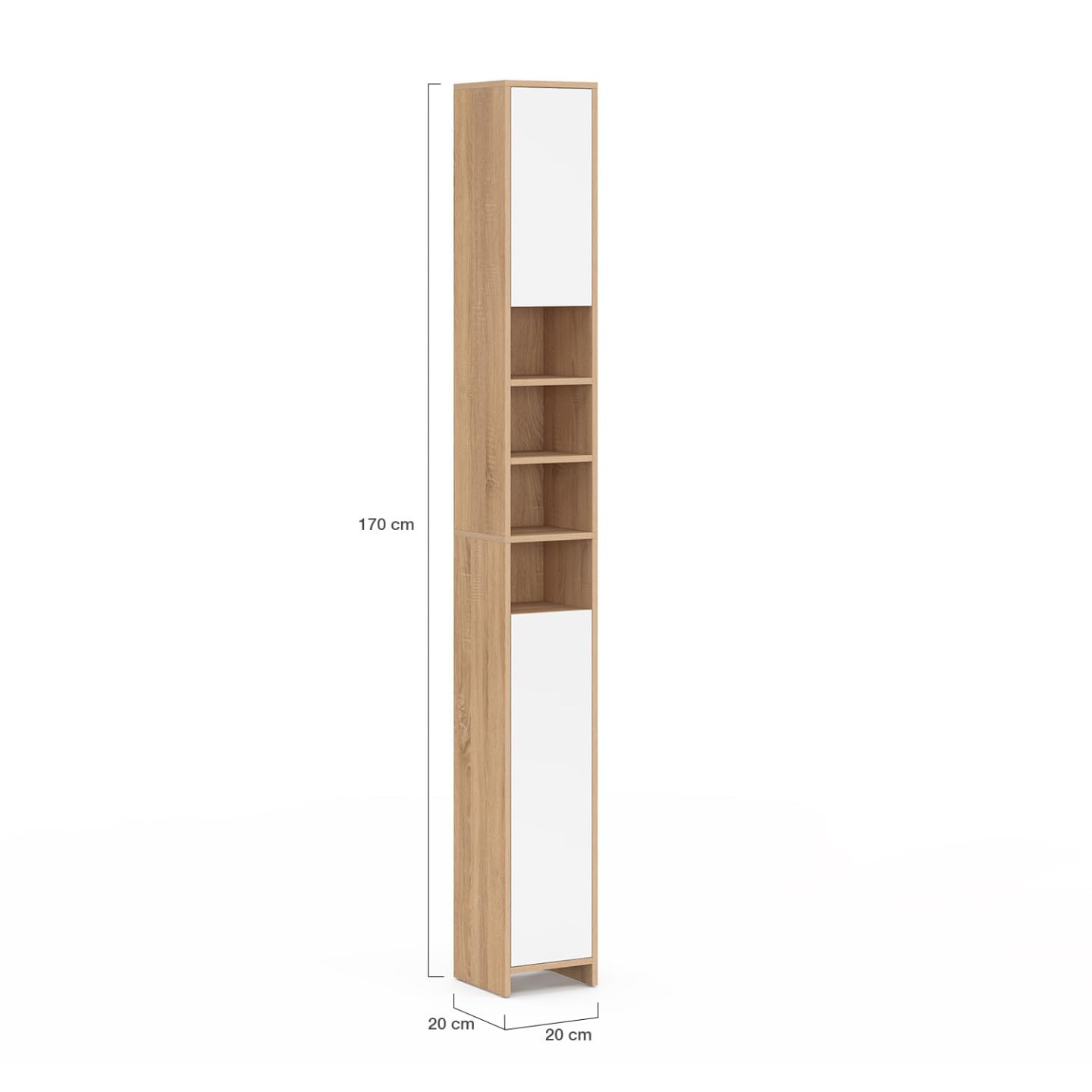 IDMarket - Meuble Colonne Salle de Bain TOMI 2 Portes 4 niches façon hêtre et Blanc
