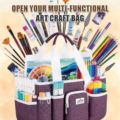 Image of JJRING Foldable Craft Organizer Tote With Zipper & Divider, Purple | Portable Art Storage Caddy Bag For Scrapbooking, Sewing, Artist & Home