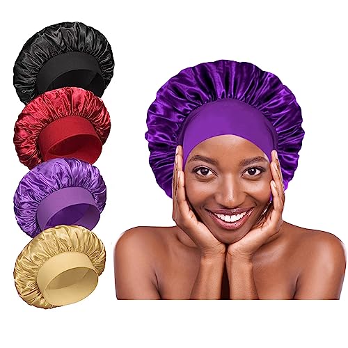 4Pcs Silk Satin Bonnets for Sleeping - Elastic Wide Band Wrap for Black Women Men,Silk Bonnets for...