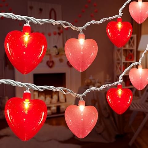 Oviejo Valentine Red & Pink Heart String Lights, 8.5FT Valentine's Day Decorations Lights with 10 Red Heart, Connectable Romantic Fairy Lights for Valentine, Wedding, Anniversary Party Decorations Cover