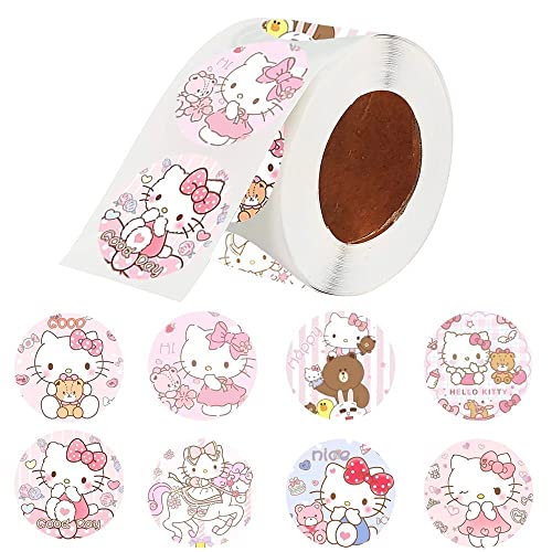 Velyon Lot de 500 autocollants circulaires Hello Kitty à main pour tente, livre, bricolage, décoration, album, journal