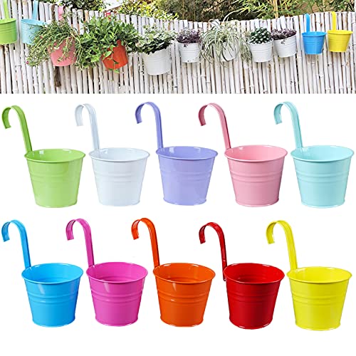 VEOLEY Hanging Planters 10Pcs Hanging Flower Pots Metal Bucket Outdoor Iron Hanging Plant Holders for Balcony Garden Railing Fence Planters with Detachable Hooks, Multicolor, 3.94 Inch
