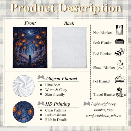 Manta de calabazas y luna mística de Halloween con acabado premium decorativo para cama 8