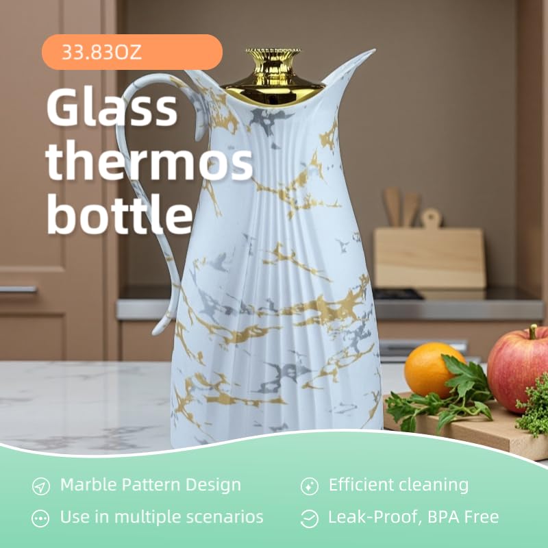 1 PCS Thermal Coffee Carafe 33.82oz - 24 Hour?Insulated Beverage Dispenser for Hot and Cold Drinks?Luxury Marble Pattern Thermal Coffee Carafes with Gold Accents