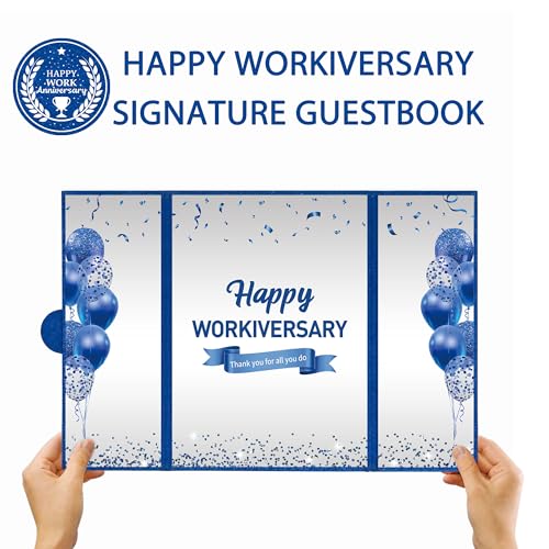 Image of DARUNAXY Blue Silver Happy Workiversary Party Decorations, Navy Blue Happy Work Anniversary Alternative Signature Guest Book for Men Women Employee Business Gifts Signing Card Board for Office Supply
