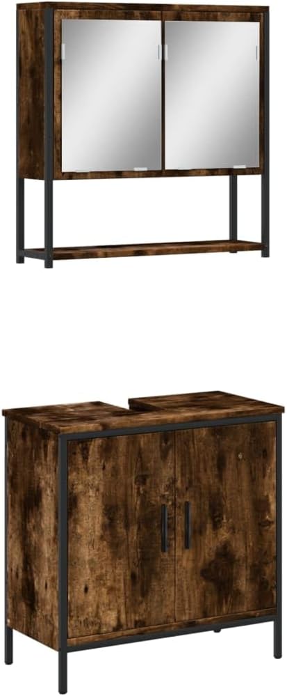 2 Piece Bathroom Furniture Set Smoked Oak Engineered Wood,Bathroom Vanity Set with Mirror, Wall Mounted Space Saving Durable Bathroom Furniture, Bathroom Sets, 1, Brown