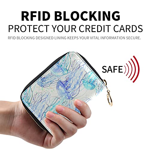 Watercolor Jellyfish Troquoise Blue Grey Credit Card Coin wallet, RFID Blocking Compact Women Leather Card Holder, Key Change Organizer, Zipper Purse Clutch Pouch Pocket2
