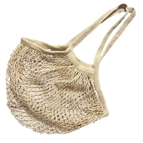 Green Handle US - Bolsa de rede de malha com alça de ombro longa, extensível, reutilizável para compras de supermercado, armazenamento de brinquedos de praia, Bege natural, s, Bolsa de rede