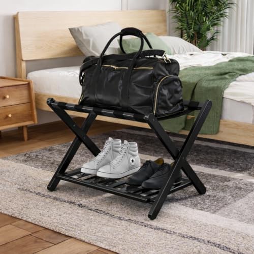 Image of Folding Luggage Rack for Guest Room Foldable luggage Racks for Suitcase Stand with Nylon Straps, Luggage Stand Double Tiers Metal Luggage Holder with Shelf for Bedroom, Hotel, No Assembly Required (Metal black powder coating)