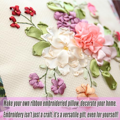 Image of FONNUY Ribbon Pillow Case Embroidery Kit, Throw Pillow Cover, 3D Pre-Stamped Pattern Kits for Audlt Beginners, Blooming Flowers, 18 x 18'' (Pink)