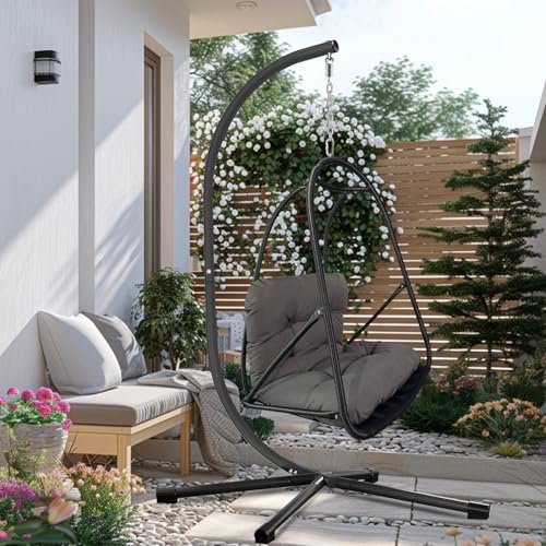 Image of JESE Swing Egg Chair Foldable Frame Hanging Chairs, UV Resistant Waterproof Cushion and Cup Holder,Swing Hammock Chairs for Patio,Bedroom,Balcony, Garden-350lbs, Stand Included, Brown