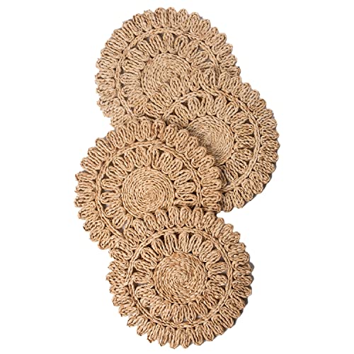 13.8" Round Corn Husk Placemats Set of 4 | Boho Rattan Woven Tabl...